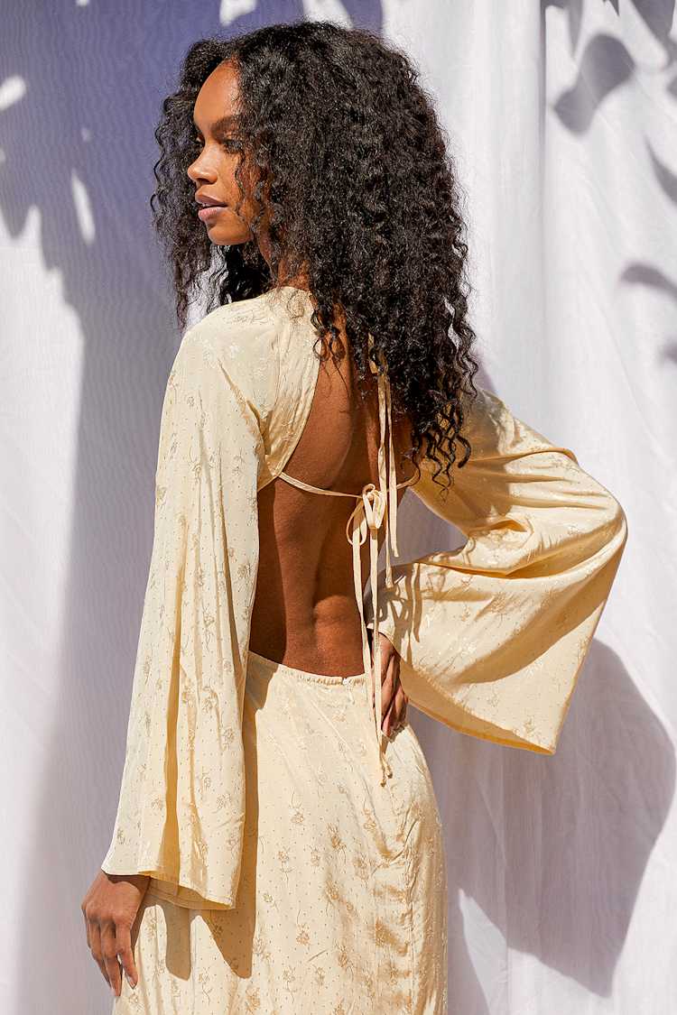 Yellow Midi Dress - Long Sleeve Dress - Jacquard Backless Dress - Lulus