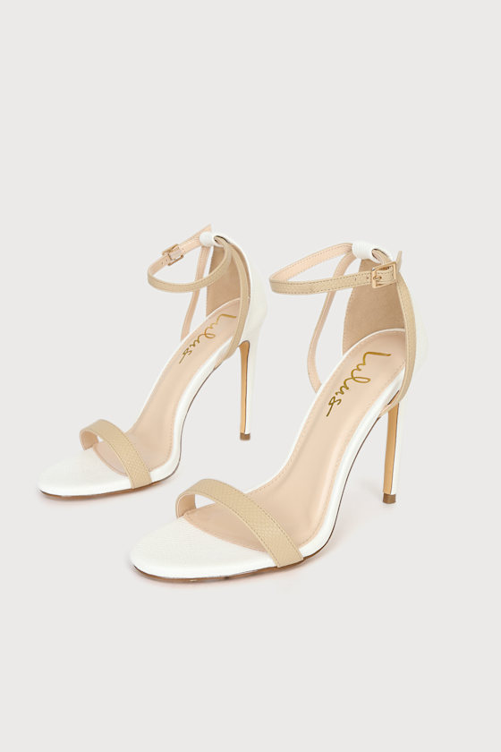 Sila White and Light Nude Snake Ankle Strap Heels 7