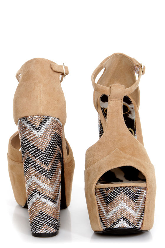 Jessica Simpson Dany Nude Suede T Strap Glitter Platform Heels - $99.00