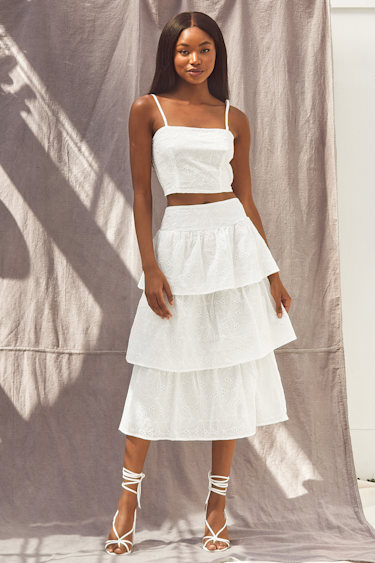 Eyelet Midi Skirt Two Piece White Eyelet Dress Tiered Midi Dress
