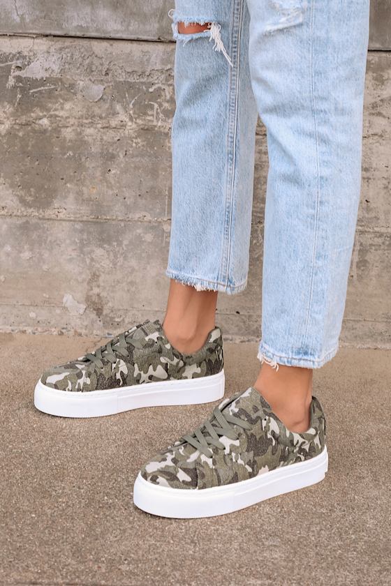 Camo Slip-On Platform Sneakers in Khaki