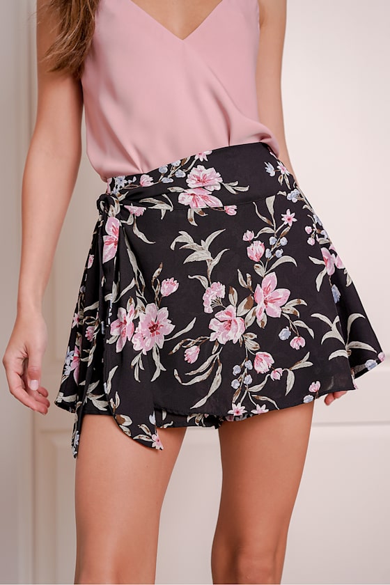 Black Skort Floral Print Skort Faux Wrap Skort Mini Skort Lulus