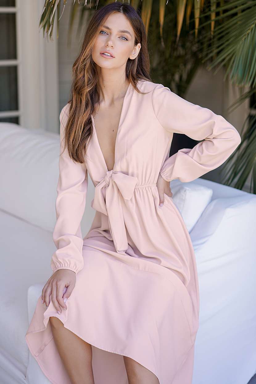 Blush Midi Dress - Long Sleeve Dress - High-Low Midi Dress - Lulus