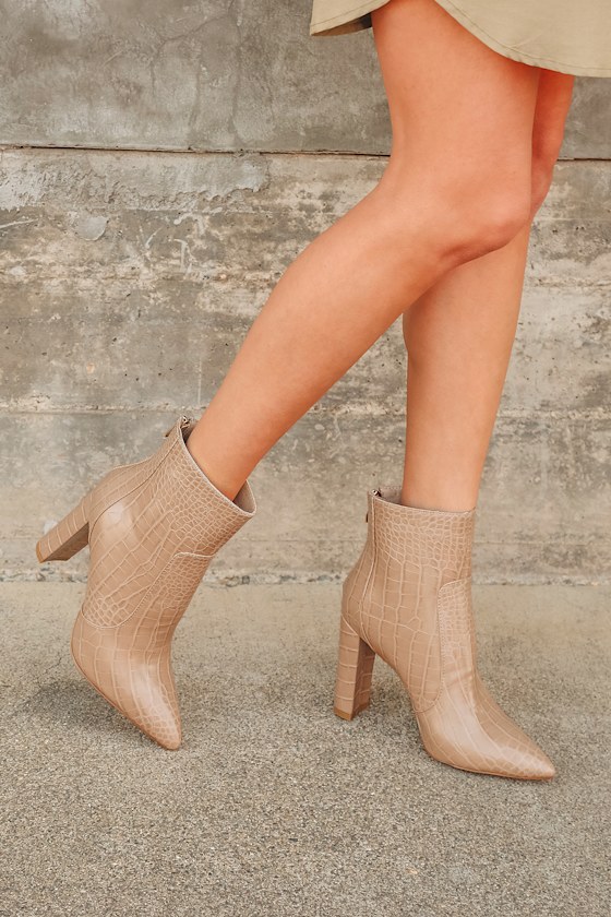Kourt Medium Nude Crocodile-Embossed High Heel Booties 1