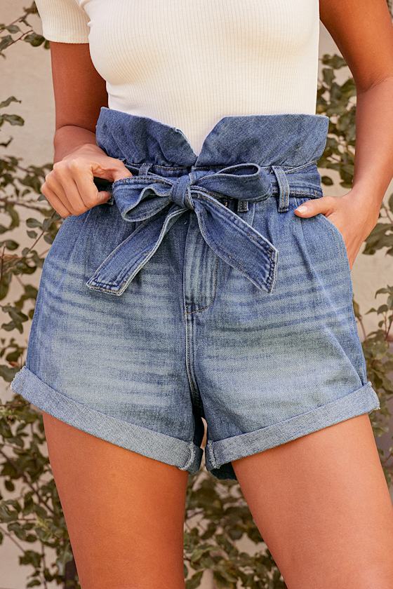 Dancing Queen Medium Wash Denim Paper Bag Waist Shorts 1