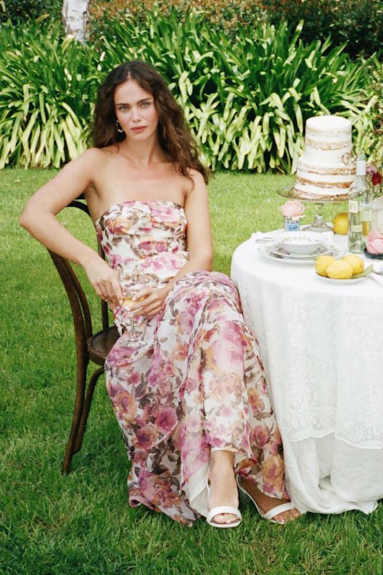 Fleur of Dreams Ivory and Pink Floral Print Organza Maxi Dress 6