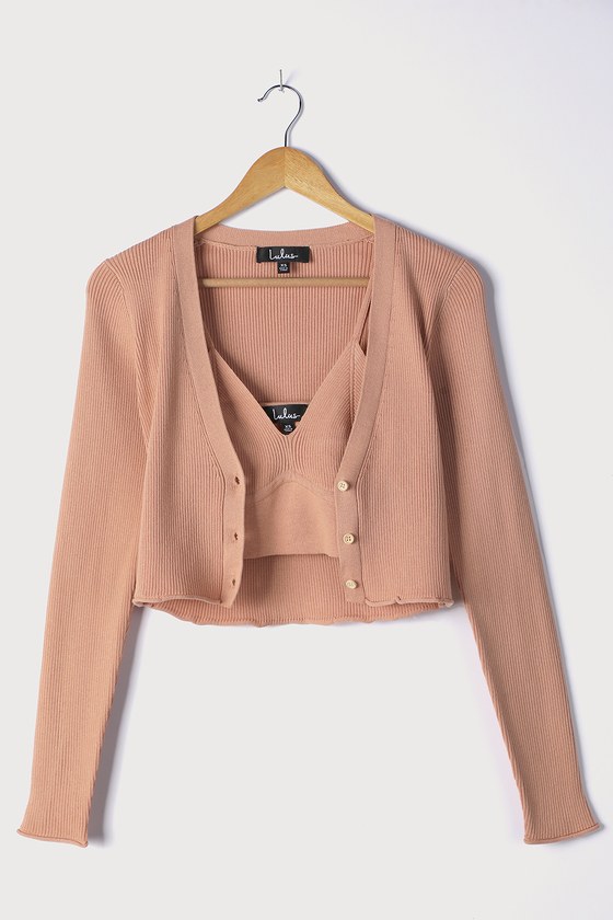Peach Sweater Set - Ribbed Cardigan Sweater - Cropped Cami Top - Lulus