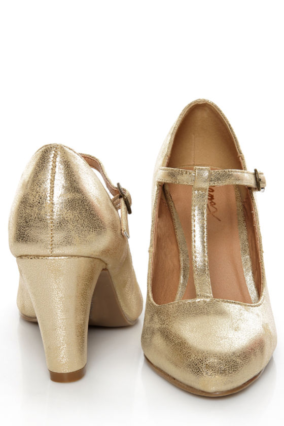 gold t strap pumps