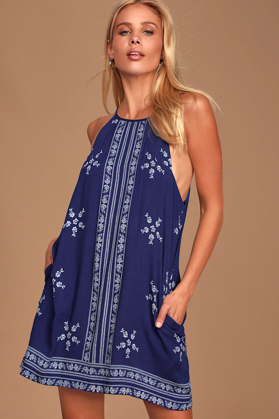 Mediterranean Sea Navy Blue Print Halter Dress 7