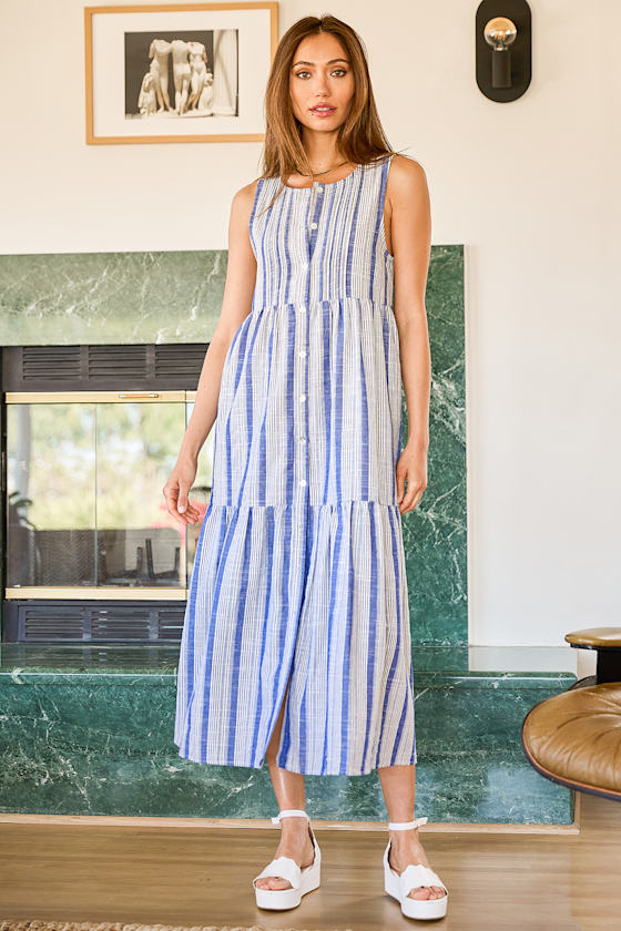 Hit the Beach Blue Striped Button-Up Tiered Midi Dress 4