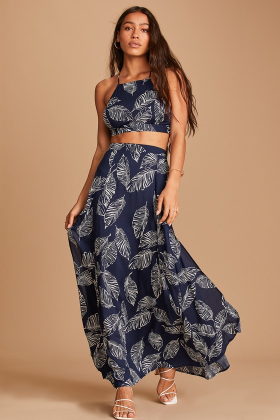 Navy Blue Leaf Print Dress - Halter Dress - Two-Piece Maxi Dress - Lulus