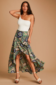 Ambrosio Green Floral Print High-Low Maxi Skirt