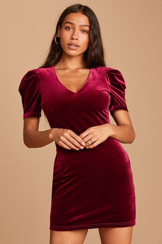 Make it Memorable Wine Red Velvet Puff Sleeve Bodycon Mini Dress 1