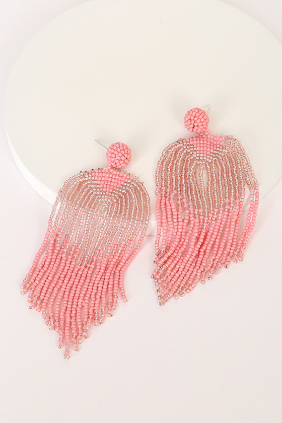 All About Flair Pink Beaded Fringe Statement Earrings 1