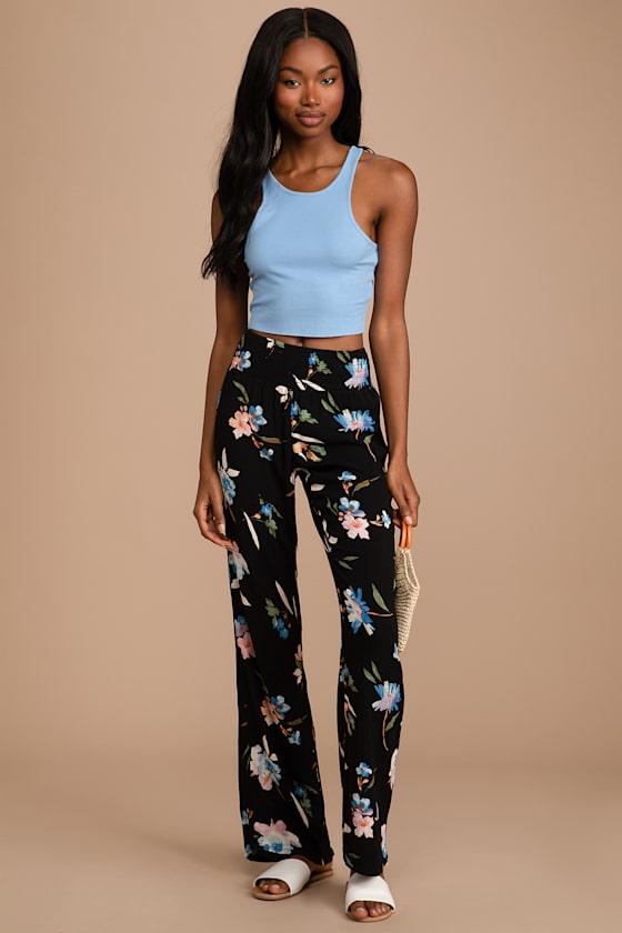 Johnny Black Floral Print Smocked Wide-Leg Pants 2