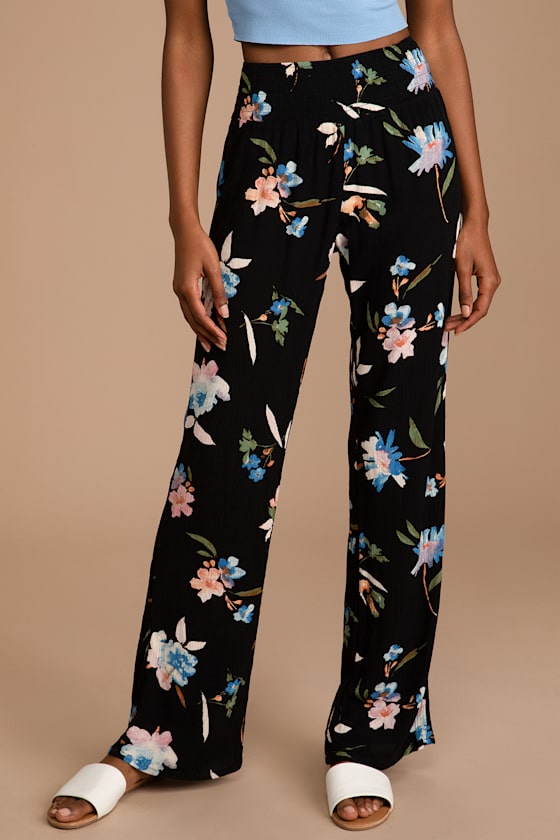 Johnny Black Floral Print Smocked Wide-Leg Pants 3