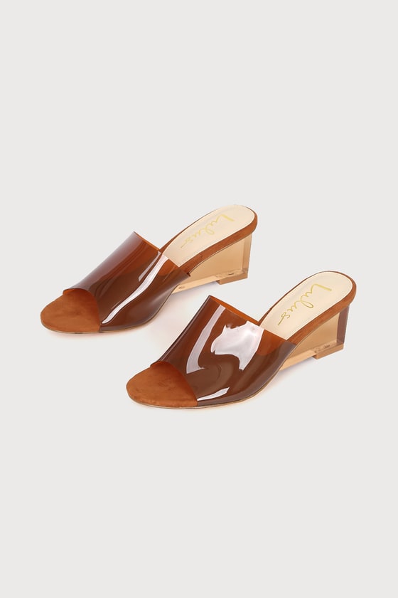Brown Sandals - Clear Vinyl Heels - Lucite Wedge Sandals - Lulus