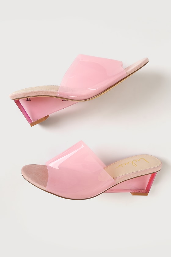 Blush Pink Sandals - Clear Vinyl Heels - Lucite Wedge Sandals - Lulus