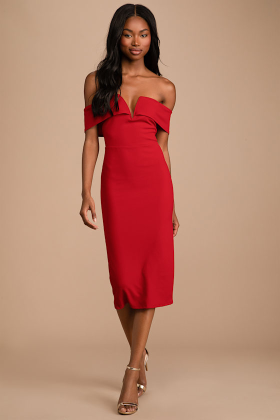 My Favorite Night Red Off-the-Shoulder Bodycon Midi Dress 4