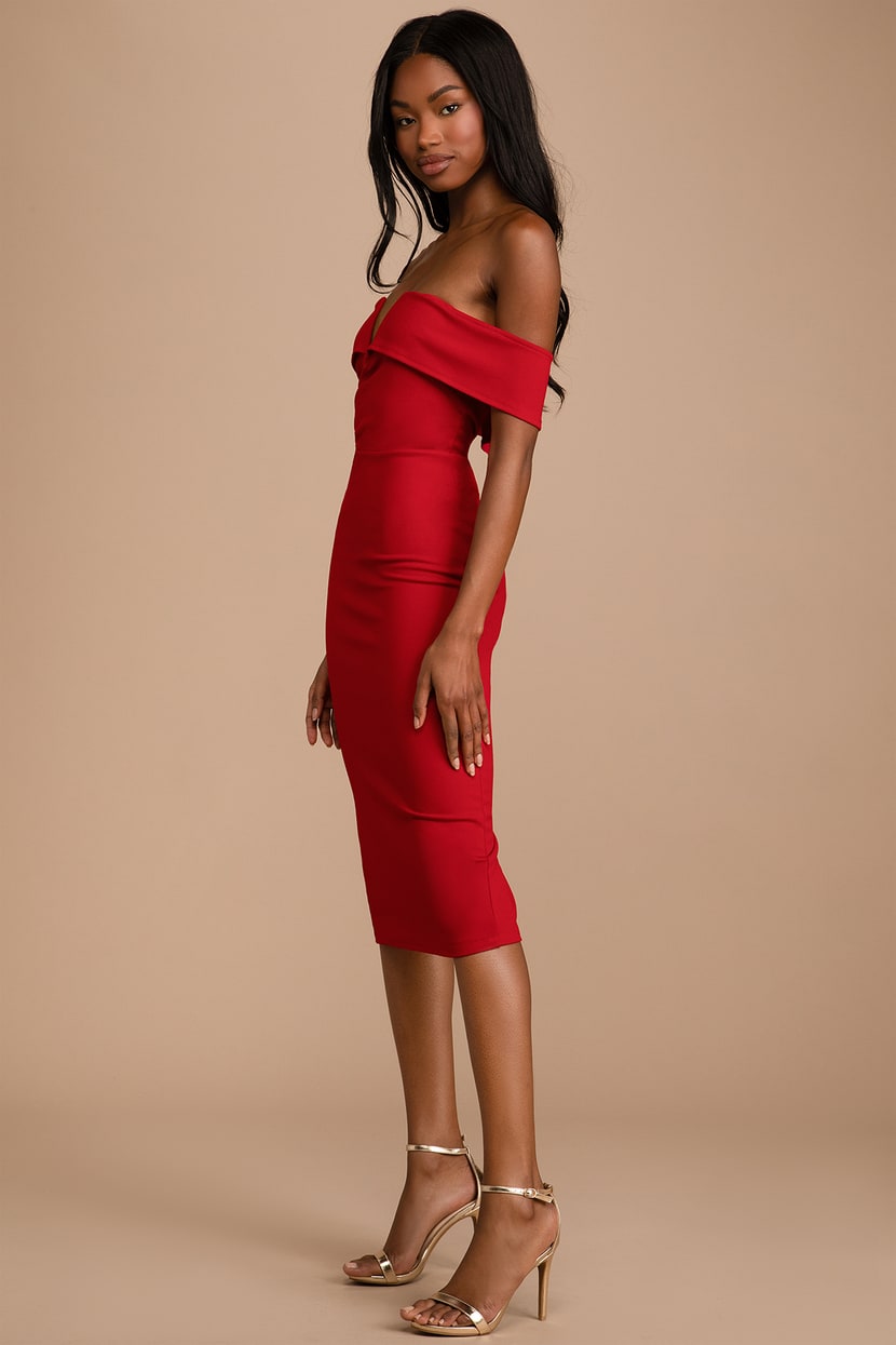 Red Midi Dress - Off-the-Shoulder Dress - Bodycon Dress - Lulus