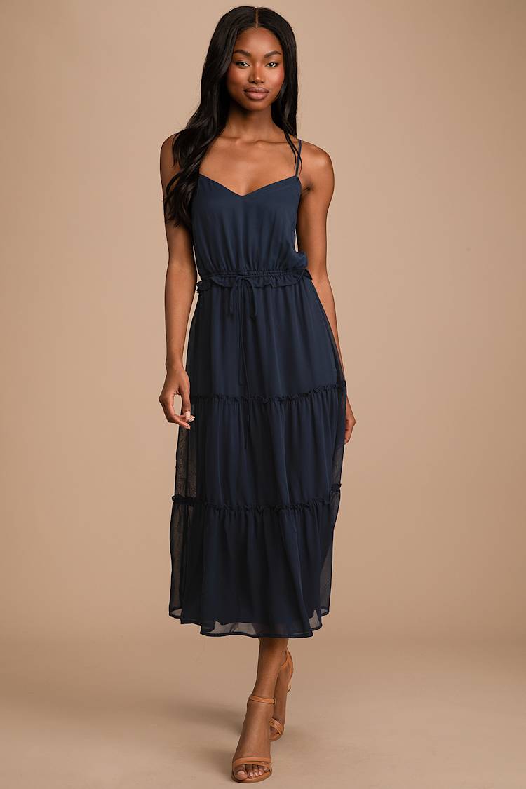 knee length dresses for ladies Navy Tie Front Tiered Adley Midi Dress