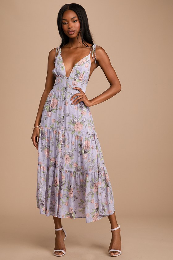 Everlasting Sight Lavender Floral Print Tie-Strap Midi Dress