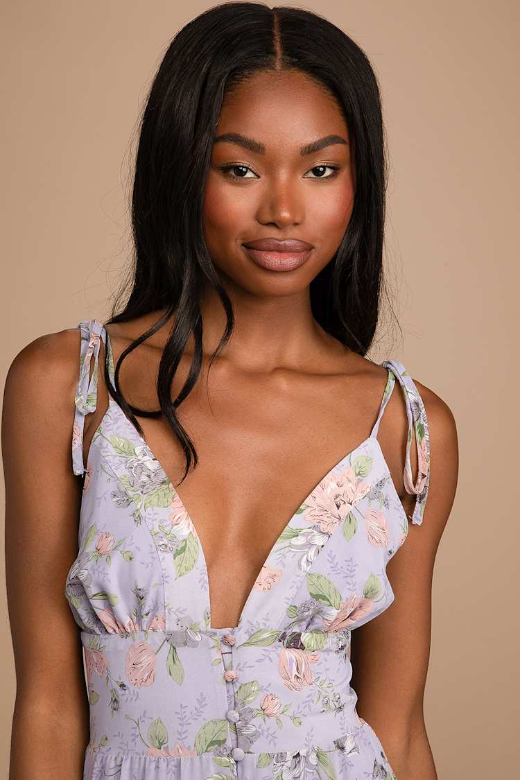 Purple Midi Dress - Floral Print Dress - Tie-Strap Dress - Midi - Lulus