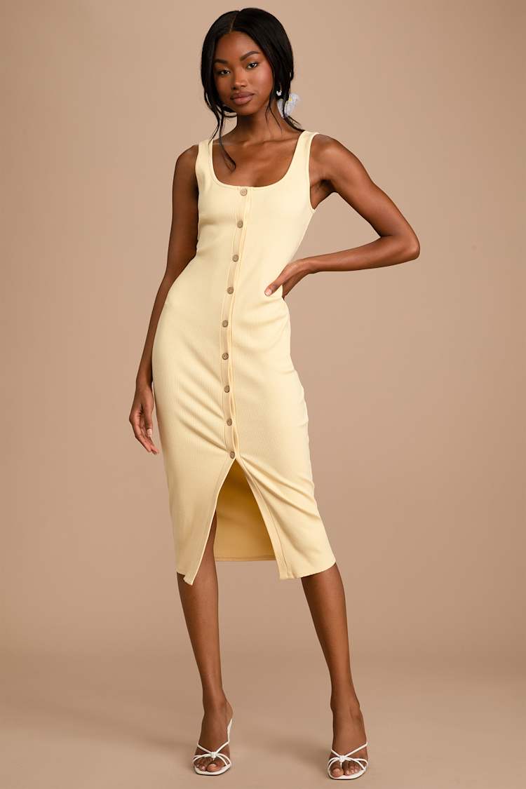 Yellow Bodycon Midi Dress - Ribbed Dress - Button-Front Dress - Lulus
