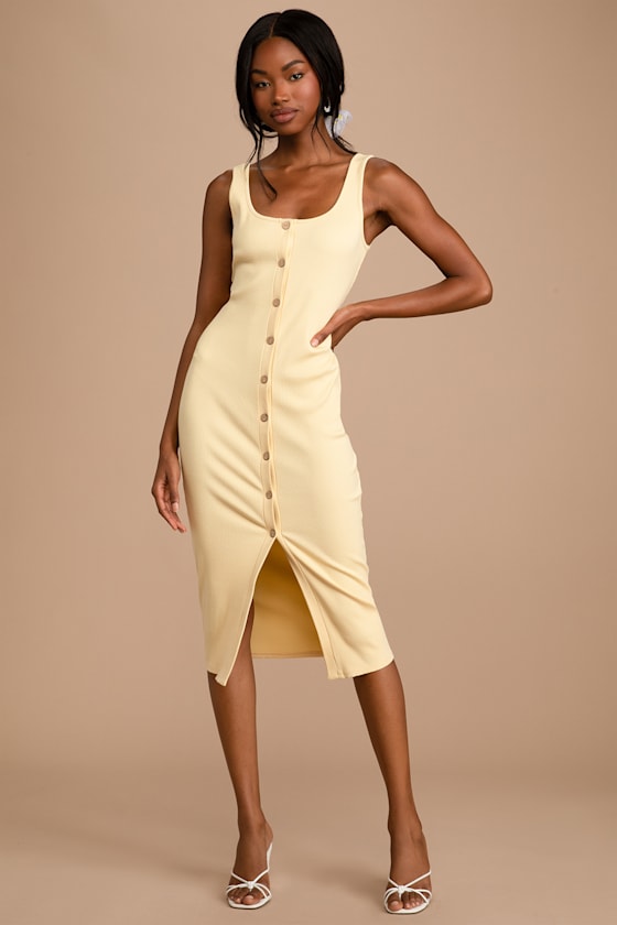 Look of Leisure Light Yellow Ribbed Button-Front Midi Dress 1