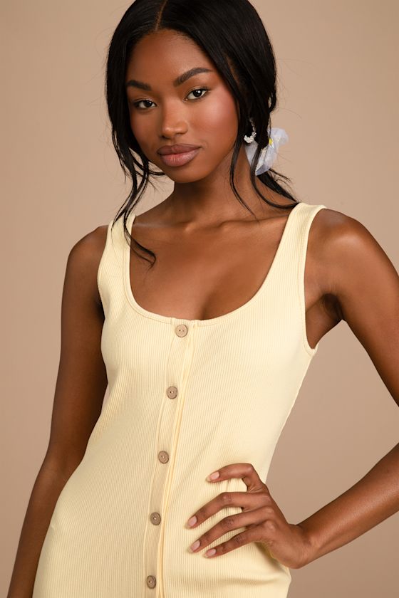 Look of Leisure Light Yellow Ribbed Button-Front Midi Dress 5