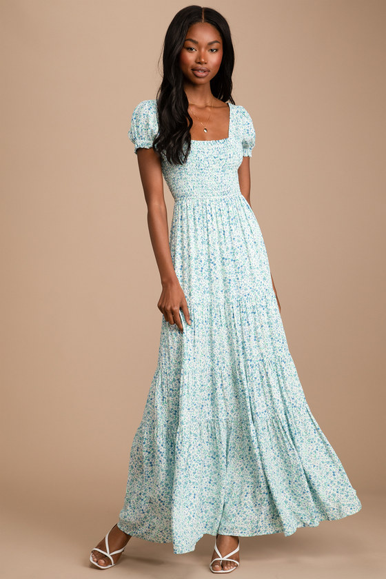 Ivory Floral Print Dress - Tiered Maxi Dress - Smocked Maxi Dress - Lulus
