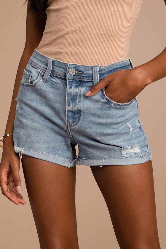 Light Wash Denim Shorts - Mid-Rise 