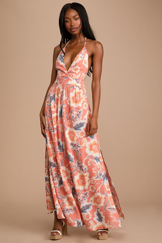Annalisa Coral Multi Floral Print Halter Maxi Dress 4