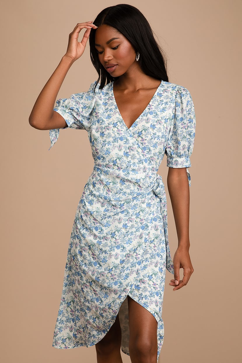 White Floral Print Dress - Tulip Midi Dress - Puff Sleeve Dress - Lulus