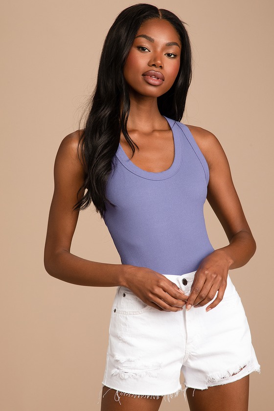 Blue Ribbed Bodysuit - Scoop Neck Bodysuit - Sleeveless Bodysuit - Lulus