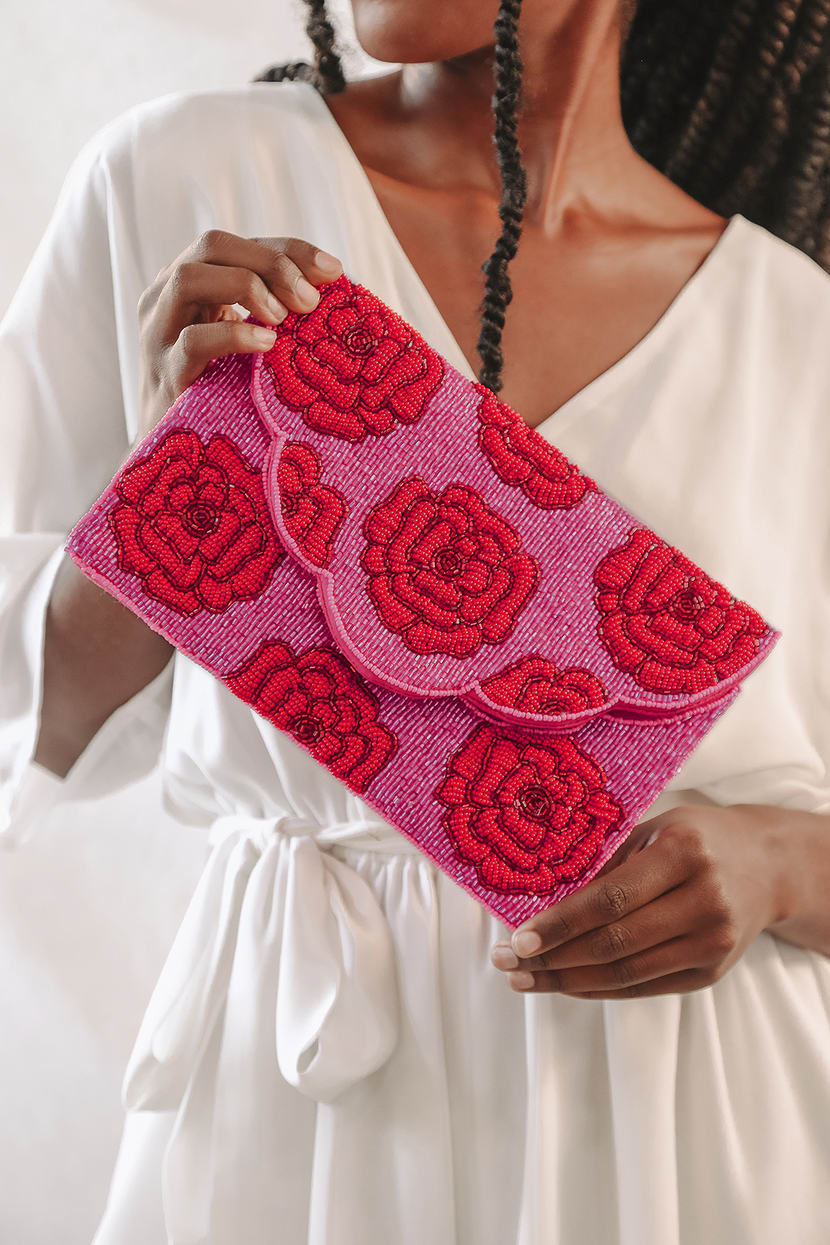 Dark Pink and Red Clutch - Beaded Clutch - Floral Clutch - Lulus
