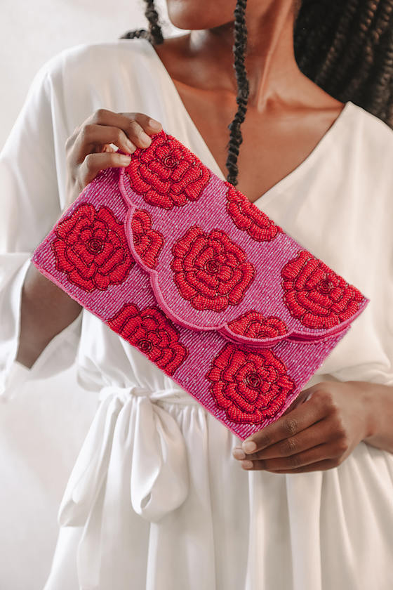 Hand-Picked Dark Pink and Red Beaded Clutch 9