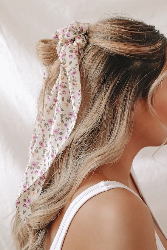 Blossoming Day Cream Floral Print Scarf Ponytail Holder 1
