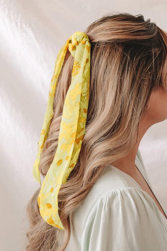 Fleur Real Green Multi Floral Print Scarf Ponytail Holder 1