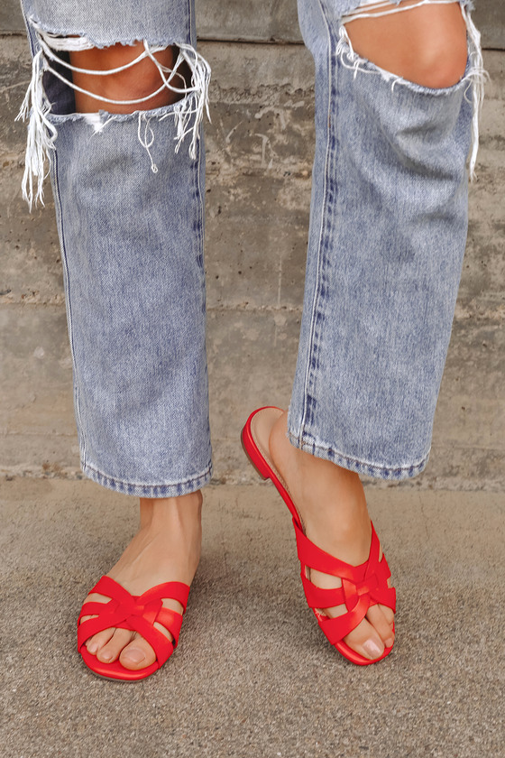 Cute Red Sandals - Faux Leather Sandals - Slide Sandals - Flats - Lulus