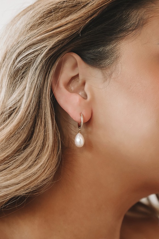 Lulus Divine Connection 14kt Gold Pearl Mini Hoop Earrings