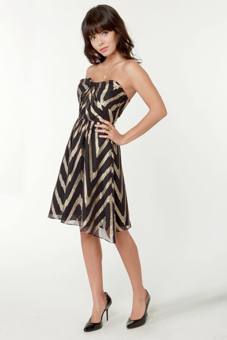 dress black gold illusion Dancing Queen 4518 - Long Sheath Dress - Illusion Corset Bodice, Thin Straps, High Slit, Beaded Stripes, Lace-Up Back S / Champagne main image 1
