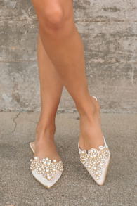 Flora Ivory Satin Pearl Embroidered Pointed-Toe Flats 1