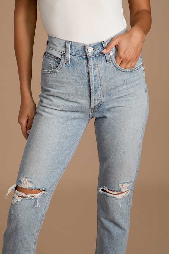 Riley Light Wash High Rise Distressed Straight Cropped Jeans 4