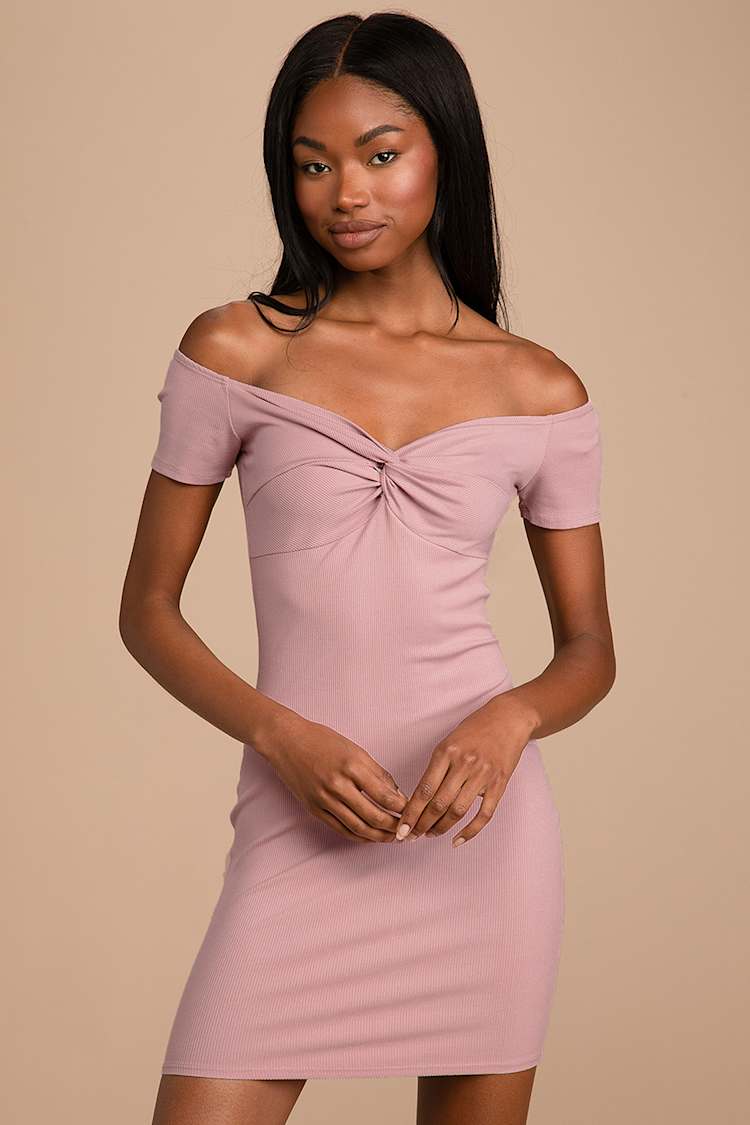 fitted lace wedding dress Pink rib knit off shoulder midi Dress main image 1