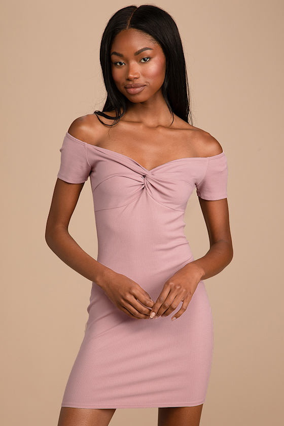 Pink Off Shoulder Dress Ribbed Long Sleeve Mini Bodycon main image 0