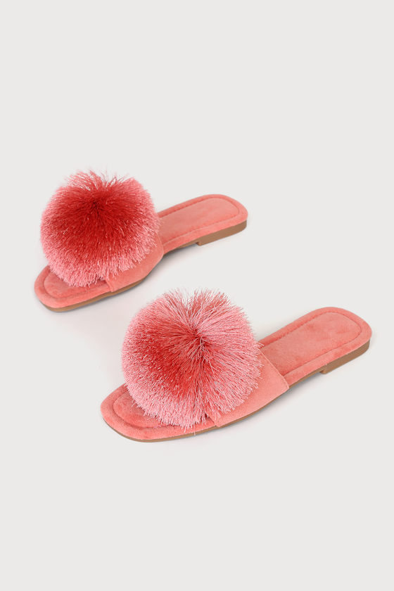 Tiffani Coral Pink Suede Fringe Pom Pom Slide Sandals 3