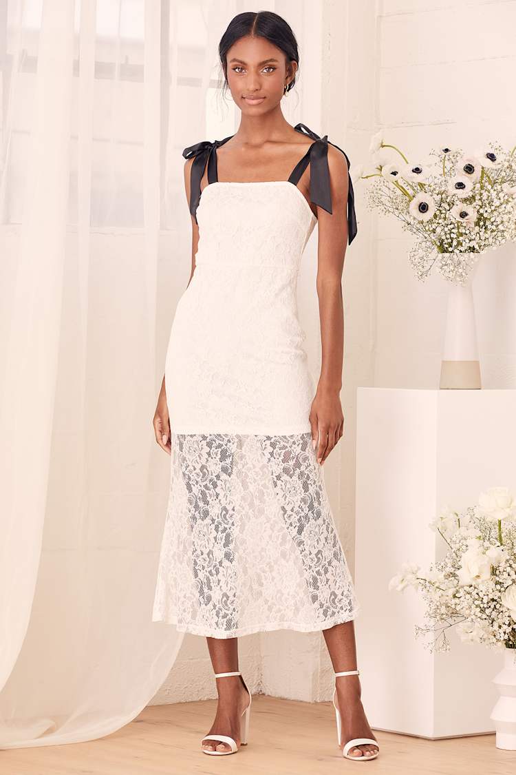 White Lace Midi - Tie-Strap Midi - Column Midi Dress - Lulus