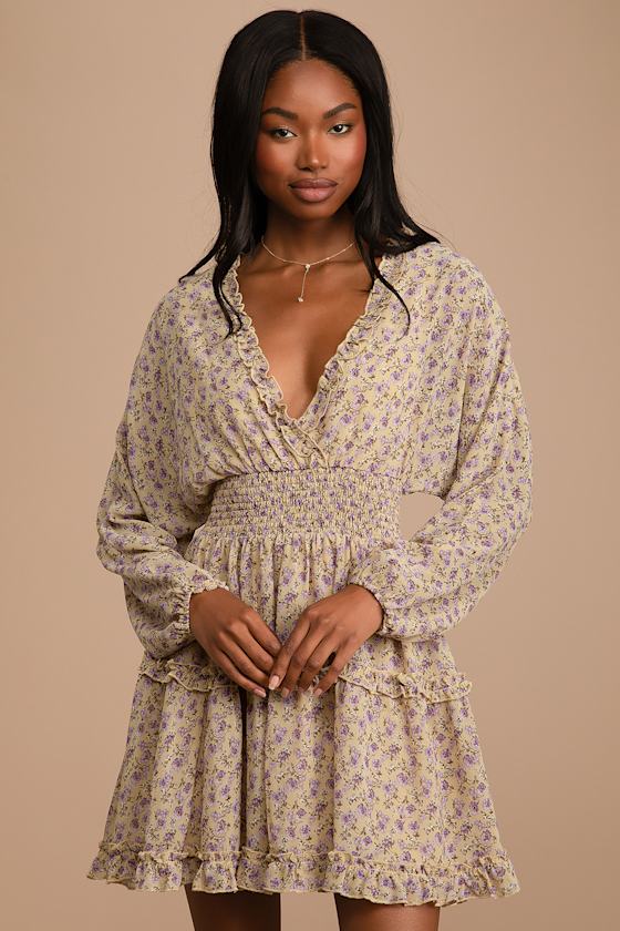 Floral Print Mini Dress - Long Sleeve 