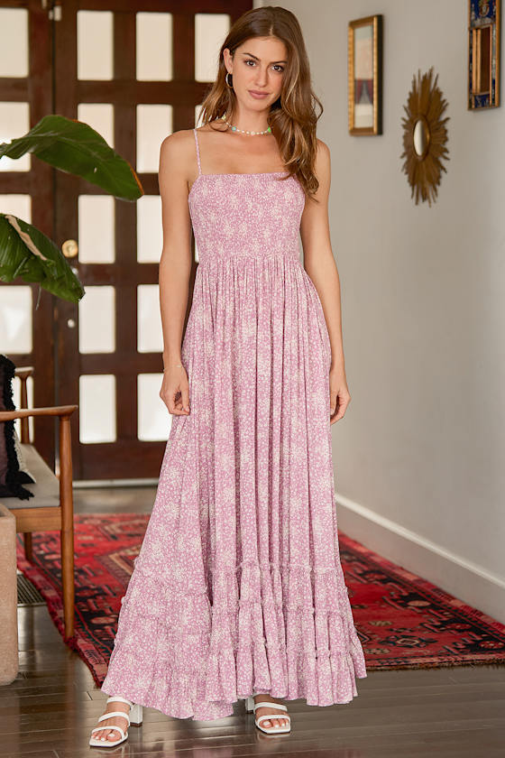Near and Tier Mauve Floral Print Smocked Tiered Maxi Dress 1